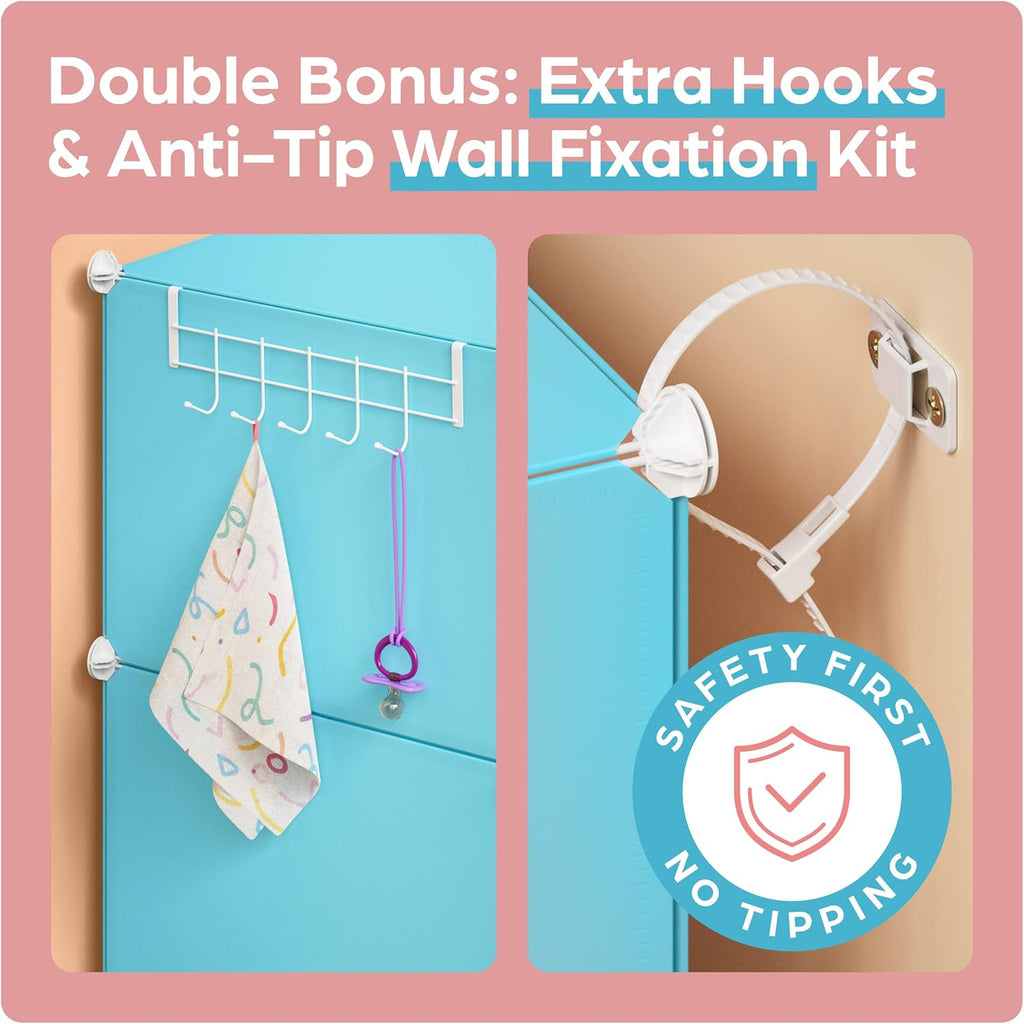 Baby Closet Organizer for Nursery: Durable Baby Wardrobe for Closet - Customizable Baby Armoire - Baby Dresser Closet Shelves - Waterproof Shelf Clothes Organizer w/Wall Fixation (Pink) - Grand Goldman