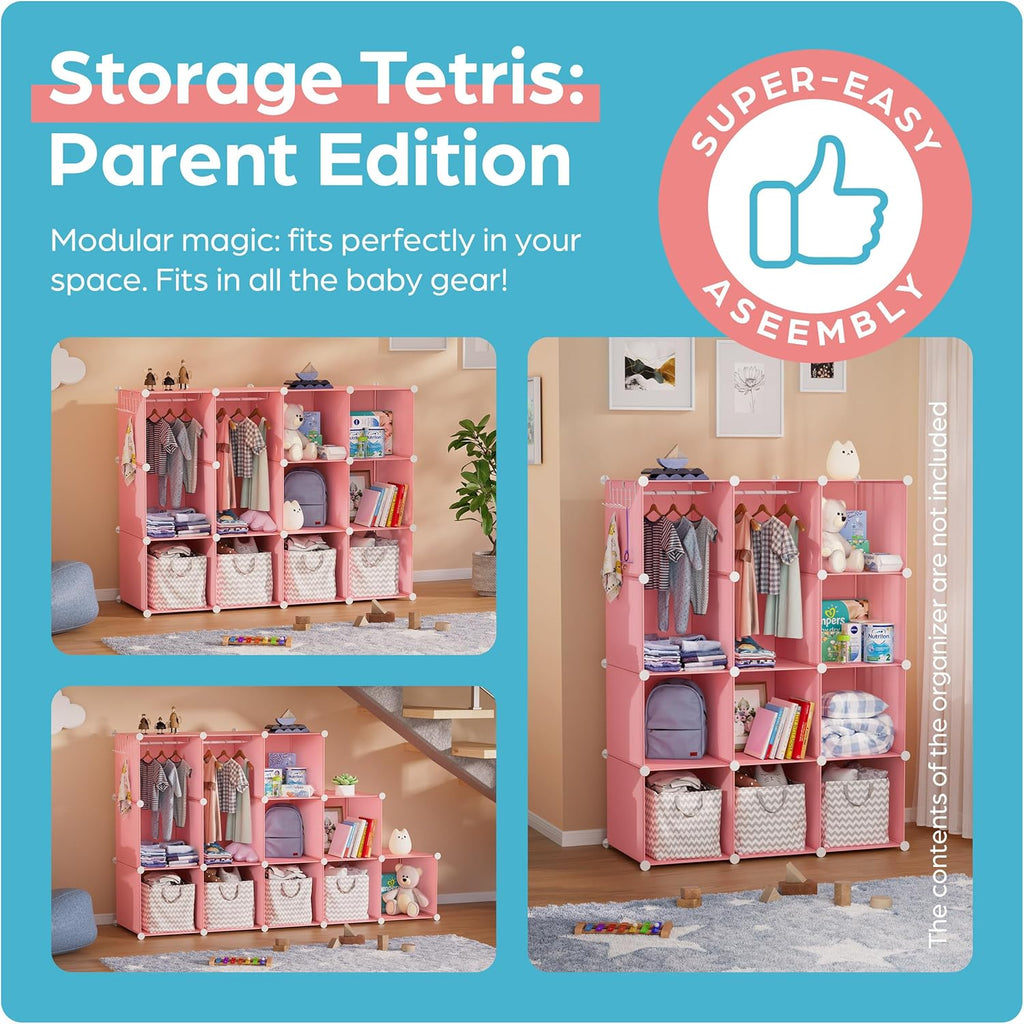 Baby Closet Organizer for Nursery: Durable Baby Wardrobe for Closet - Customizable Baby Armoire - Baby Dresser Closet Shelves - Waterproof Shelf Clothes Organizer w/Wall Fixation (Pink) - Grand Goldman