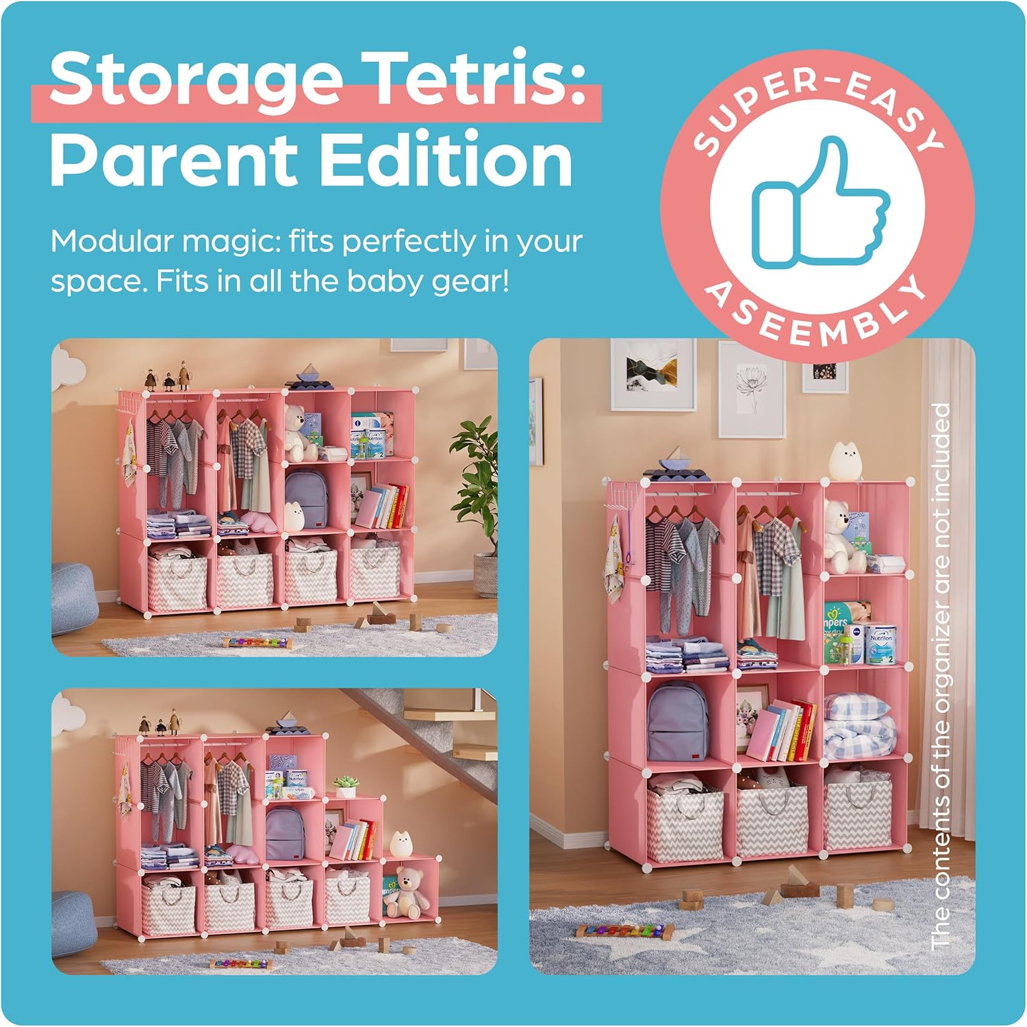 Baby Closet Organizer for Nursery: Durable Baby Wardrobe for Closet - Customizable Baby Armoire - Baby Dresser Closet Shelves - Waterproof Shelf Clothes Organizer w/Wall Fixation (Pink) - Grand Goldman