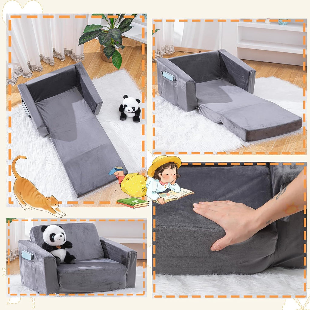 Baby Toddler Couch Sofa Chair Kids Foldable 2-in-1 Toddler Fold Out Couch Bed for Playroom, Pull Out Children Convertible Sofa Chair to Lounger Sleeper for Boys & Girls with Double Pockets, Dark Grey - Grand Goldman