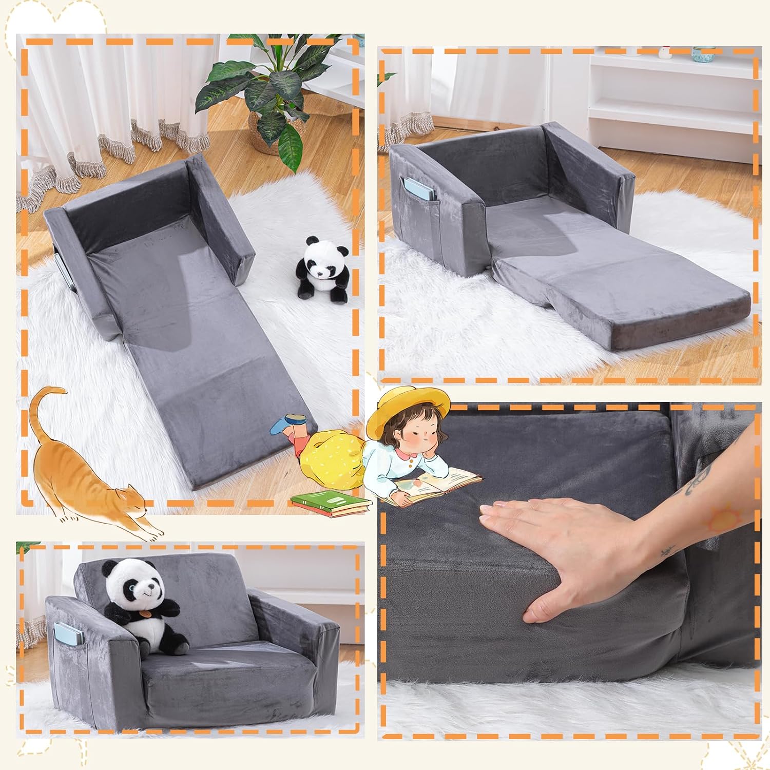 Baby Toddler Couch Sofa Chair Kids Foldable 2-in-1 Toddler Fold Out Couch Bed for Playroom, Pull Out Children Convertible Sofa Chair to Lounger Sleeper for Boys & Girls with Double Pockets, Dark Grey - Grand Goldman