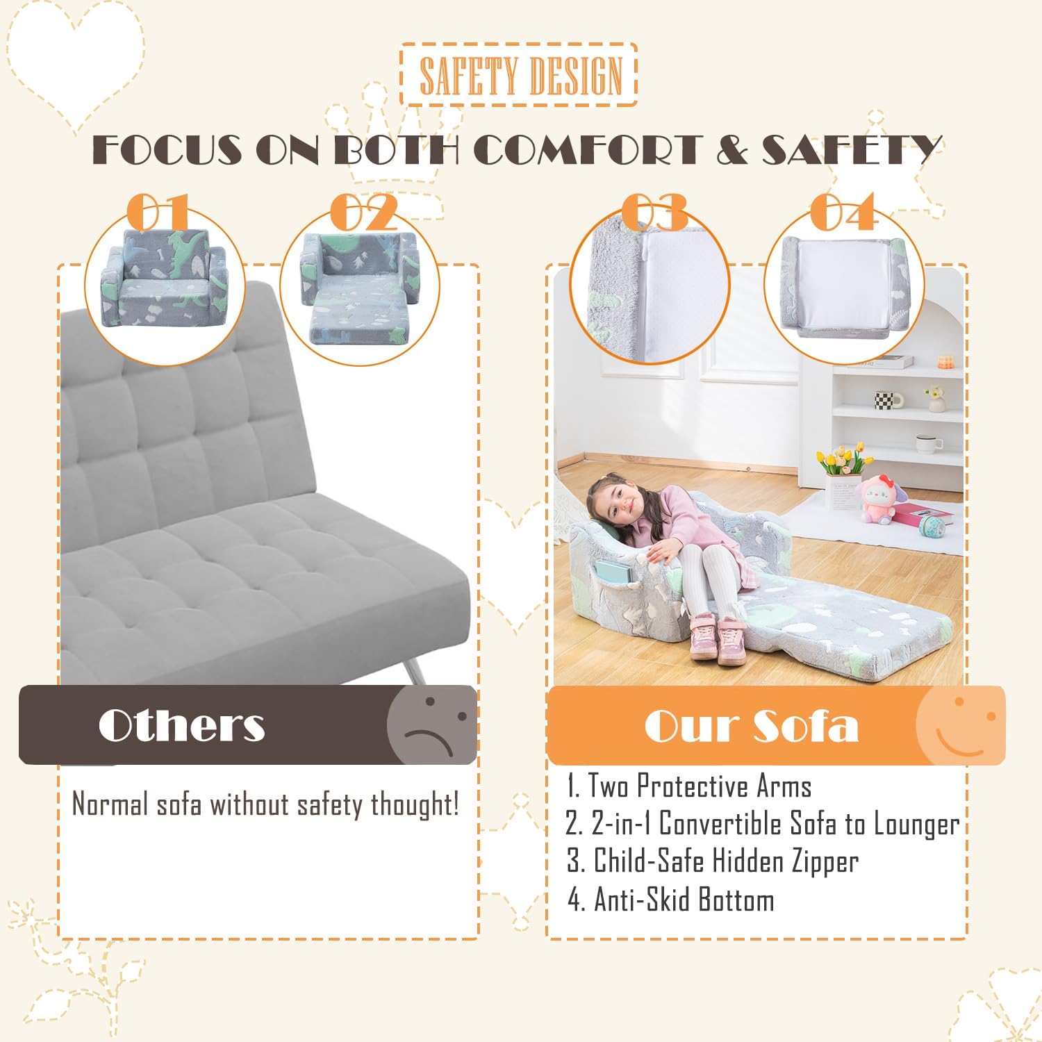 Baby Toddler Couch Sofa Chair Kids Foldable 2-in-1 Toddler Fold Out Couch Bed for Playroom, Pull Out Children Convertible Sofa Chair to Lounger Sleeper for Boys & Girls with Double Pockets, Dark Grey - Grand Goldman