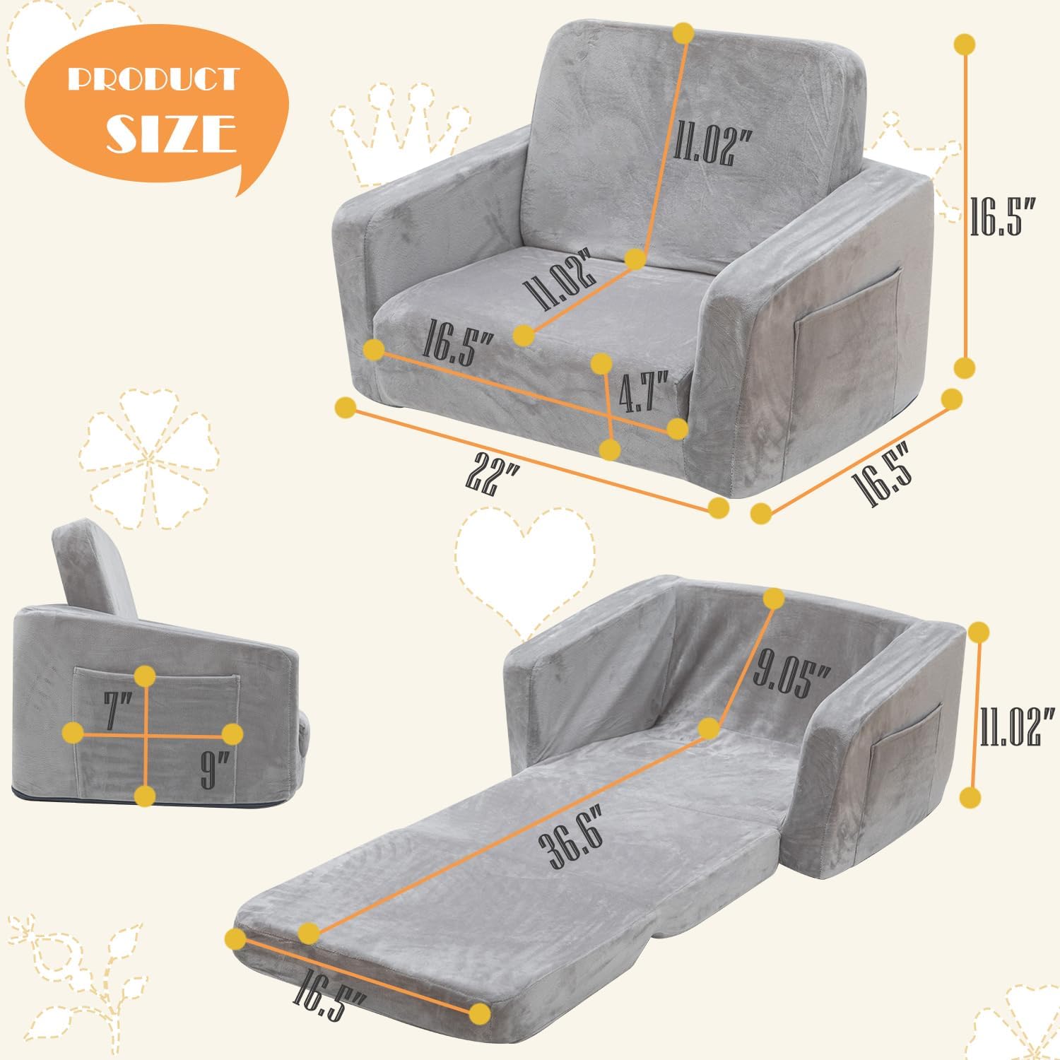Baby Toddler Couch Sofa Chair Kids Foldable 2-in-1 Toddler Fold Out Couch Bed for Playroom, Pull Out Children Convertible Sofa Chair to Lounger Sleeper for Boys & Girls with Double Pockets, Dark Grey - Grand Goldman