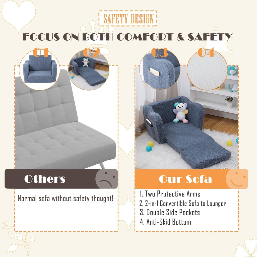 Baby Toddler Couch Sofa Chair Kids Foldable 2-in-1 Toddler Fold Out Couch Bed for Playroom, Pull Out Children Convertible Sofa Chair to Lounger Sleeper for Boys & Girls with Double Pockets, Dark Grey - Grand Goldman