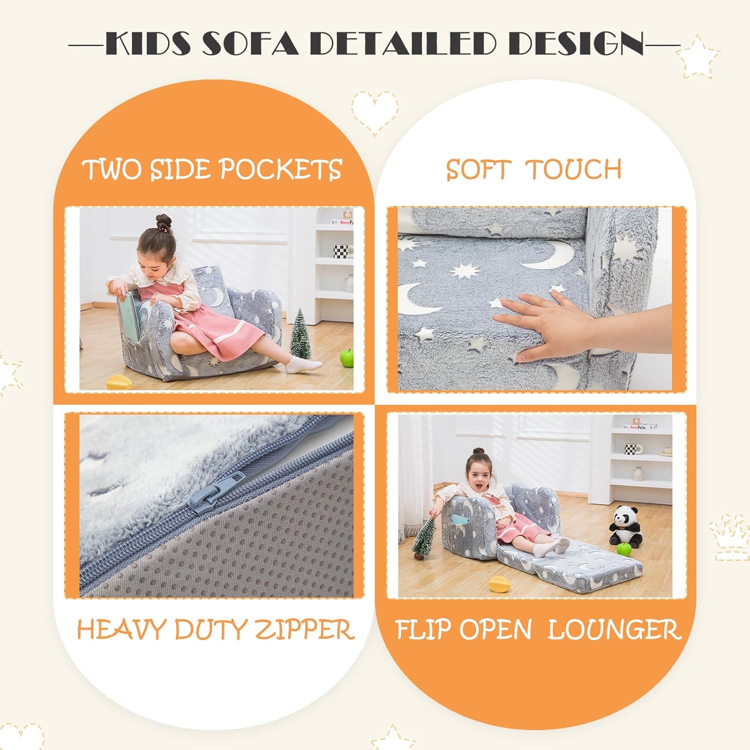 Baby Toddler Couch Sofa Chair Kids Foldable 2-in-1 Toddler Fold Out Couch Bed for Playroom, Pull Out Children Convertible Sofa Chair to Lounger Sleeper for Boys & Girls with Double Pockets, Dark Grey - Grand Goldman