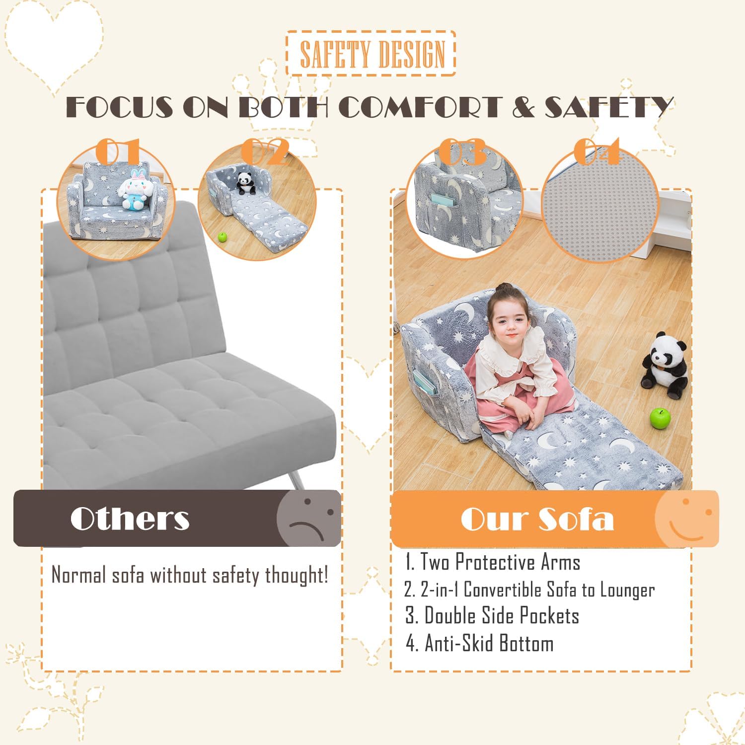 Baby Toddler Couch Sofa Chair Kids Foldable 2-in-1 Toddler Fold Out Couch Bed for Playroom, Pull Out Children Convertible Sofa Chair to Lounger Sleeper for Boys & Girls with Double Pockets, Dark Grey - Grand Goldman