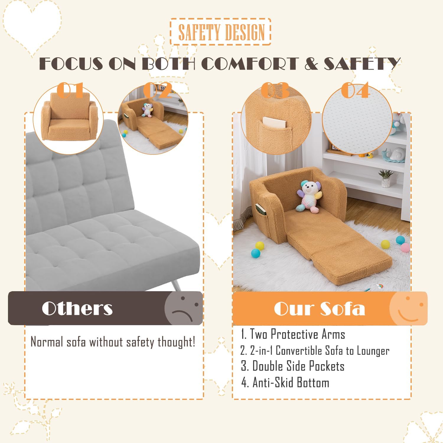 Baby Toddler Couch Sofa Chair Kids Foldable 2-in-1 Toddler Fold Out Couch Bed for Playroom, Pull Out Children Convertible Sofa Chair to Lounger Sleeper for Boys & Girls with Double Pockets, Dark Grey - Grand Goldman