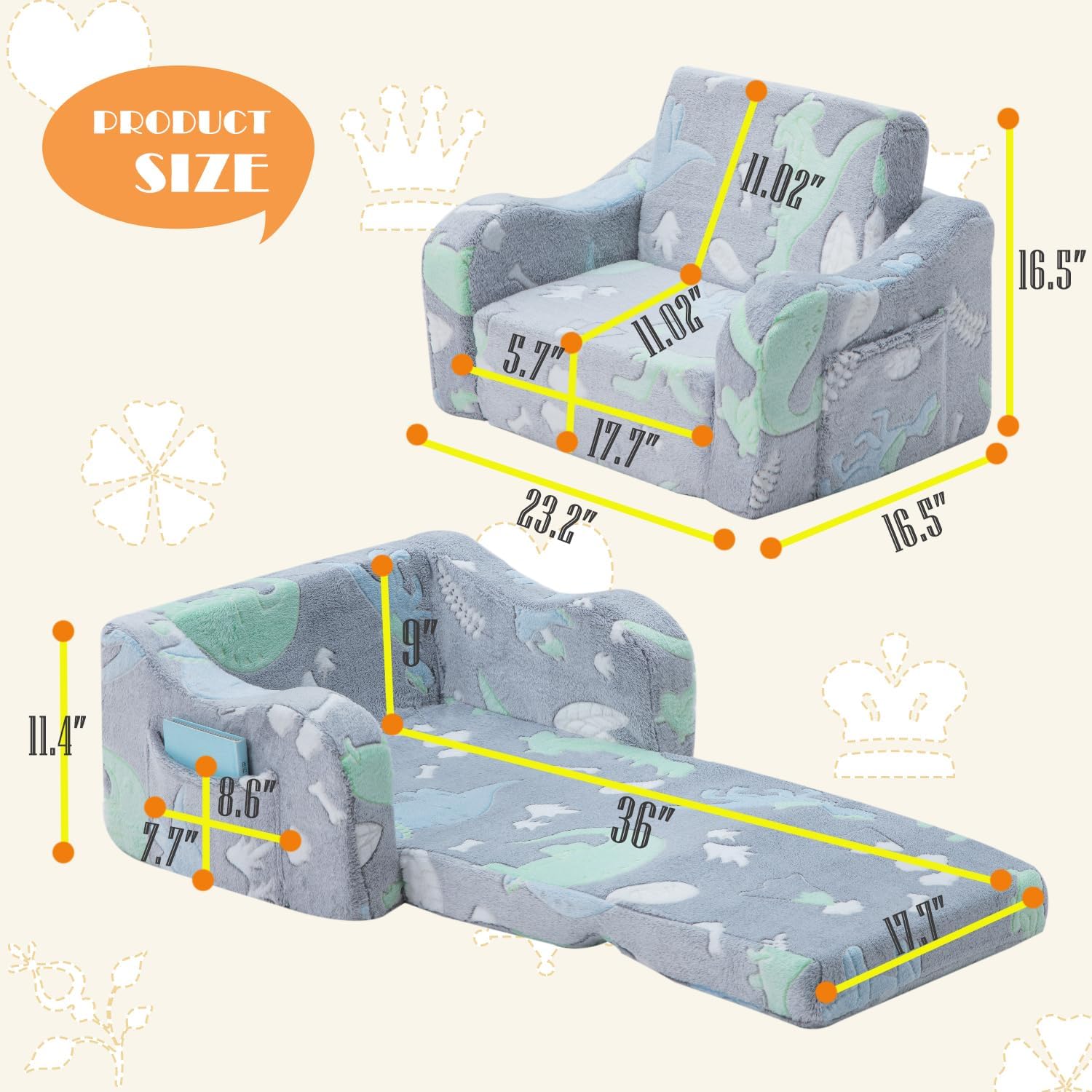 Baby Toddler Couch Sofa Chair Kids Foldable 2-in-1 Toddler Fold Out Couch Bed for Playroom, Pull Out Children Convertible Sofa Chair to Lounger Sleeper for Boys & Girls with Double Pockets, Dark Grey - Grand Goldman