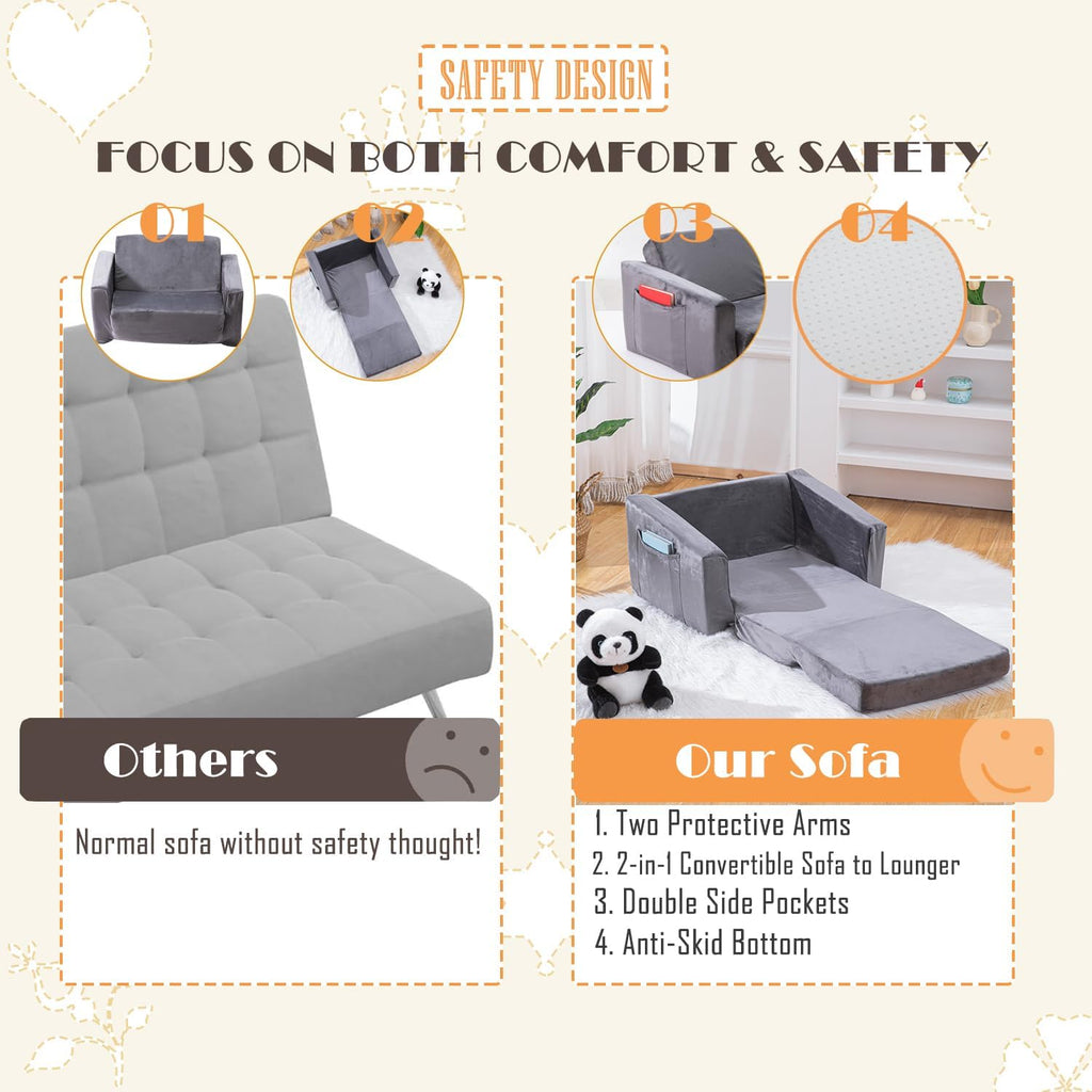 Baby Toddler Couch Sofa Chair Kids Foldable 2-in-1 Toddler Fold Out Couch Bed for Playroom, Pull Out Children Convertible Sofa Chair to Lounger Sleeper for Boys & Girls with Double Pockets, Dark Grey - Grand Goldman