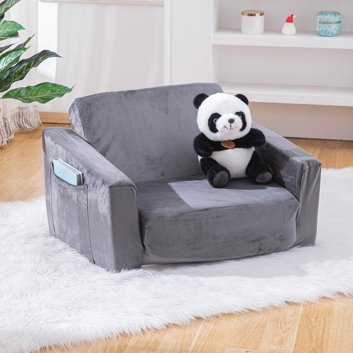 Baby Toddler Couch Sofa Chair Kids Foldable 2-in-1 Toddler Fold Out Couch Bed for Playroom, Pull Out Children Convertible Sofa Chair to Lounger Sleeper for Boys & Girls with Double Pockets, Dark Grey - Grand Goldman