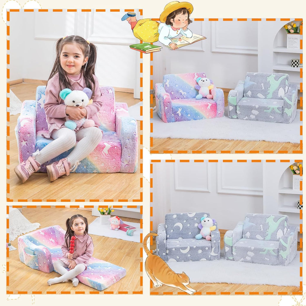 Baby Toddler Couch Sofa Chair Kids Foldable 2-in-1 Toddler Fold Out Couch Bed for Playroom, Pull Out Children Convertible Sofa Chair to Lounger Sleeper for Boys & Girls with Double Pockets, Dark Grey - Grand Goldman