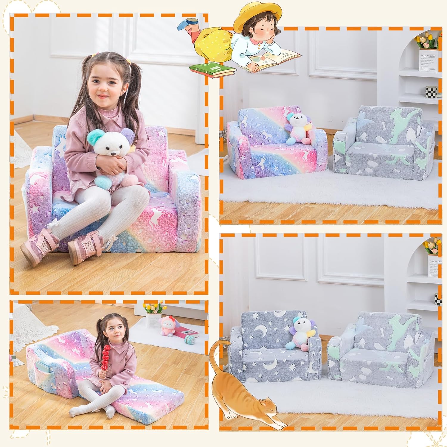 Baby Toddler Couch Sofa Chair Kids Foldable 2-in-1 Toddler Fold Out Couch Bed for Playroom, Pull Out Children Convertible Sofa Chair to Lounger Sleeper for Boys & Girls with Double Pockets, Dark Grey - Grand Goldman