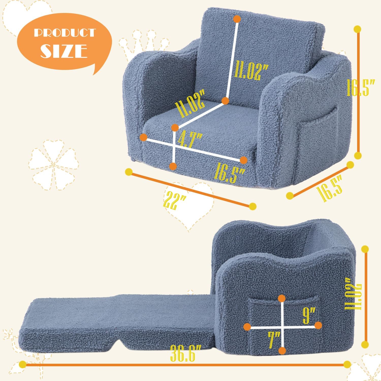 Baby Toddler Couch Sofa Chair Kids Foldable 2-in-1 Toddler Fold Out Couch Bed for Playroom, Pull Out Children Convertible Sofa Chair to Lounger Sleeper for Boys & Girls with Double Pockets, Dark Grey - Grand Goldman