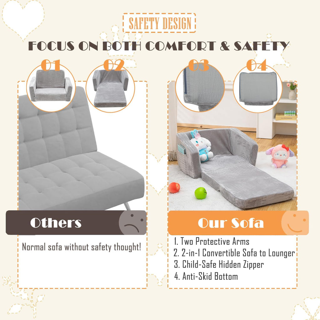 Baby Toddler Couch Sofa Chair Kids Foldable 2-in-1 Toddler Fold Out Couch Bed for Playroom, Pull Out Children Convertible Sofa Chair to Lounger Sleeper for Boys & Girls with Double Pockets, Dark Grey - Grand Goldman