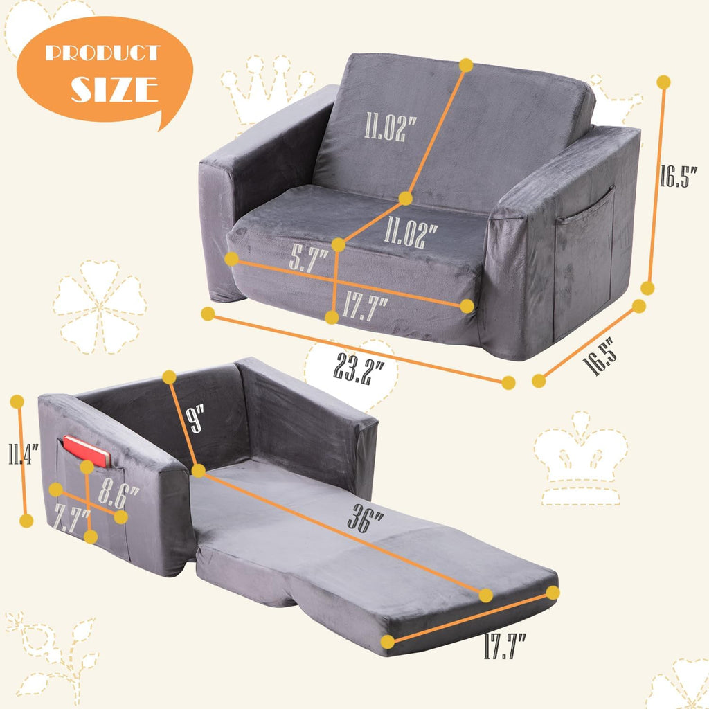 Baby Toddler Couch Sofa Chair Kids Foldable 2-in-1 Toddler Fold Out Couch Bed for Playroom, Pull Out Children Convertible Sofa Chair to Lounger Sleeper for Boys & Girls with Double Pockets, Dark Grey - Grand Goldman