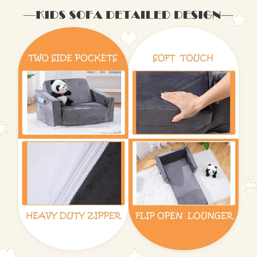 Baby Toddler Couch Sofa Chair Kids Foldable 2-in-1 Toddler Fold Out Couch Bed for Playroom, Pull Out Children Convertible Sofa Chair to Lounger Sleeper for Boys & Girls with Double Pockets, Dark Grey - Grand Goldman