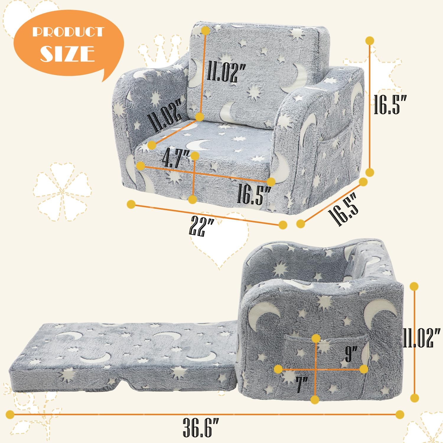 Baby Toddler Couch Sofa Chair Kids Foldable 2-in-1 Toddler Fold Out Couch Bed for Playroom, Pull Out Children Convertible Sofa Chair to Lounger Sleeper for Boys & Girls with Double Pockets, Dark Grey - Grand Goldman