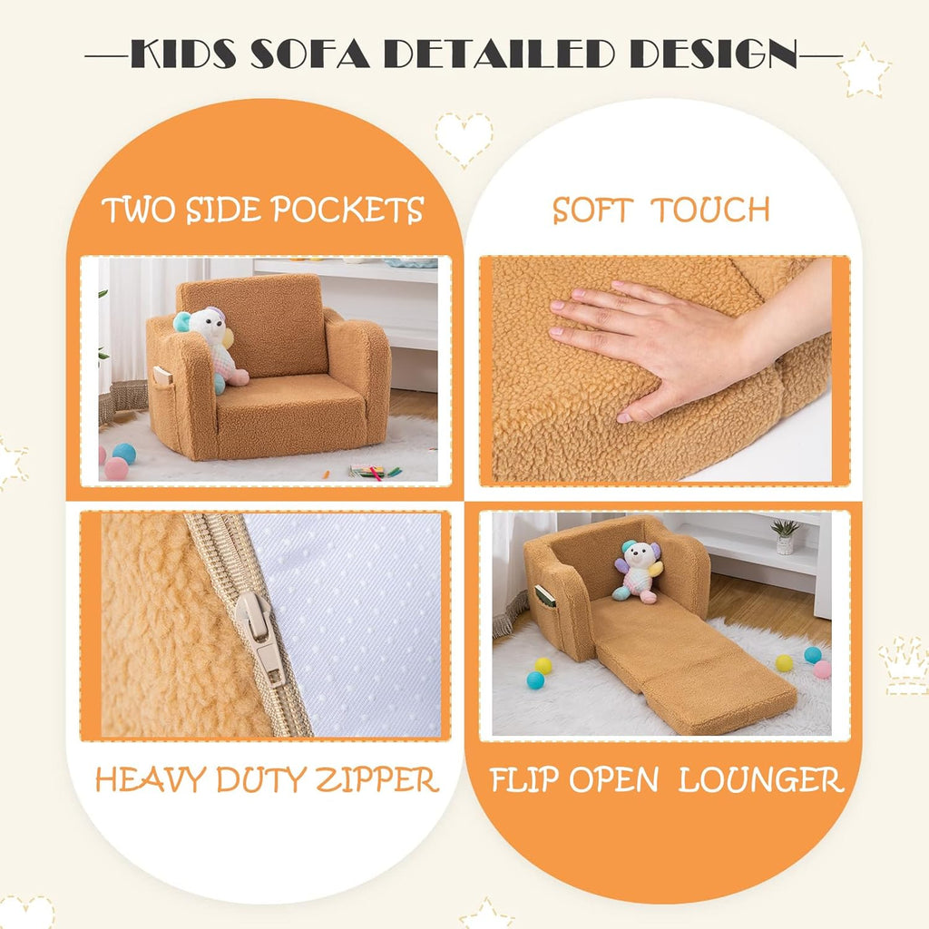 Baby Toddler Couch Sofa Chair Kids Foldable 2-in-1 Toddler Fold Out Couch Bed for Playroom, Pull Out Children Convertible Sofa Chair to Lounger Sleeper for Boys & Girls with Double Pockets, Dark Grey - Grand Goldman