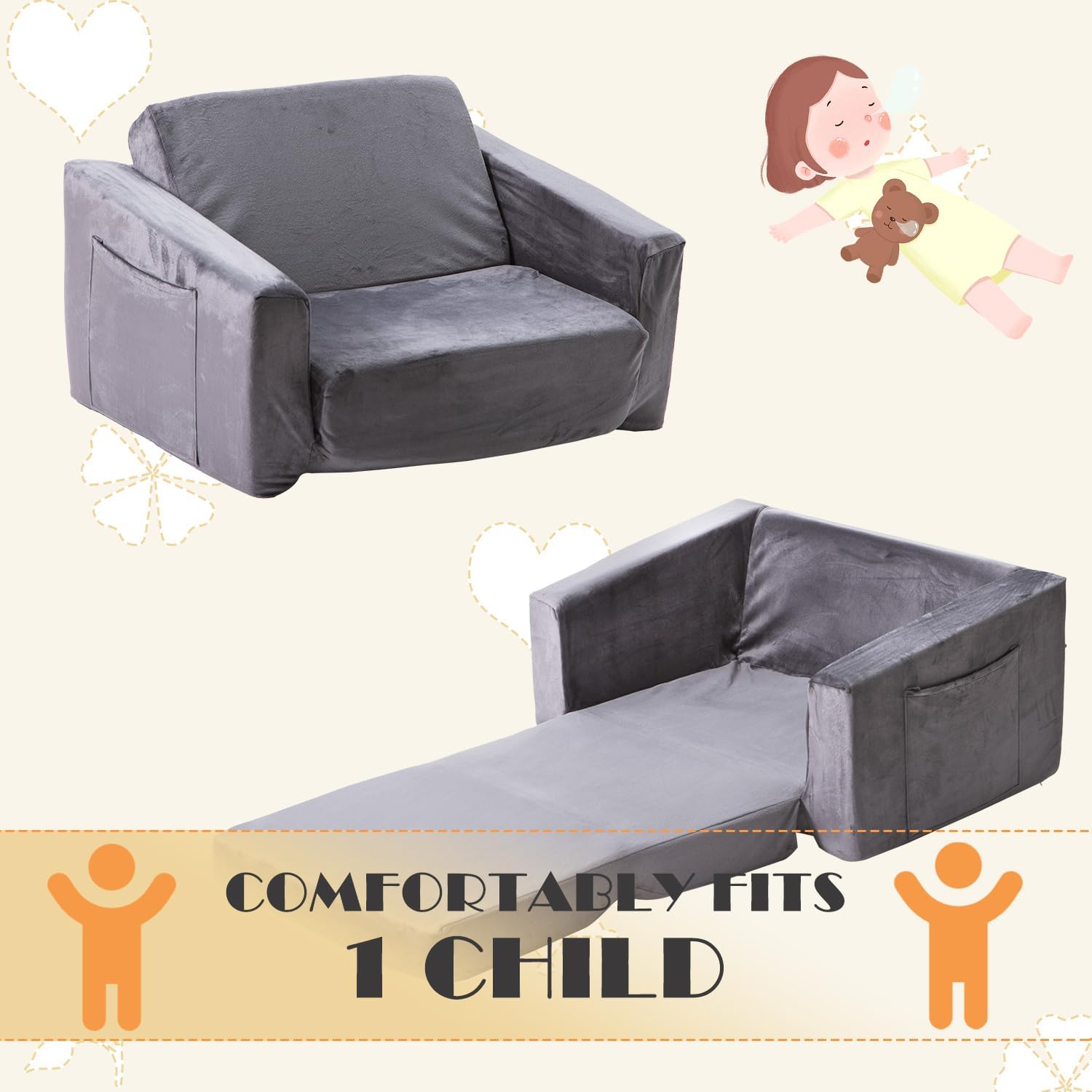 Baby Toddler Couch Sofa Chair Kids Foldable 2-in-1 Toddler Fold Out Couch Bed for Playroom, Pull Out Children Convertible Sofa Chair to Lounger Sleeper for Boys & Girls with Double Pockets, Dark Grey - Grand Goldman