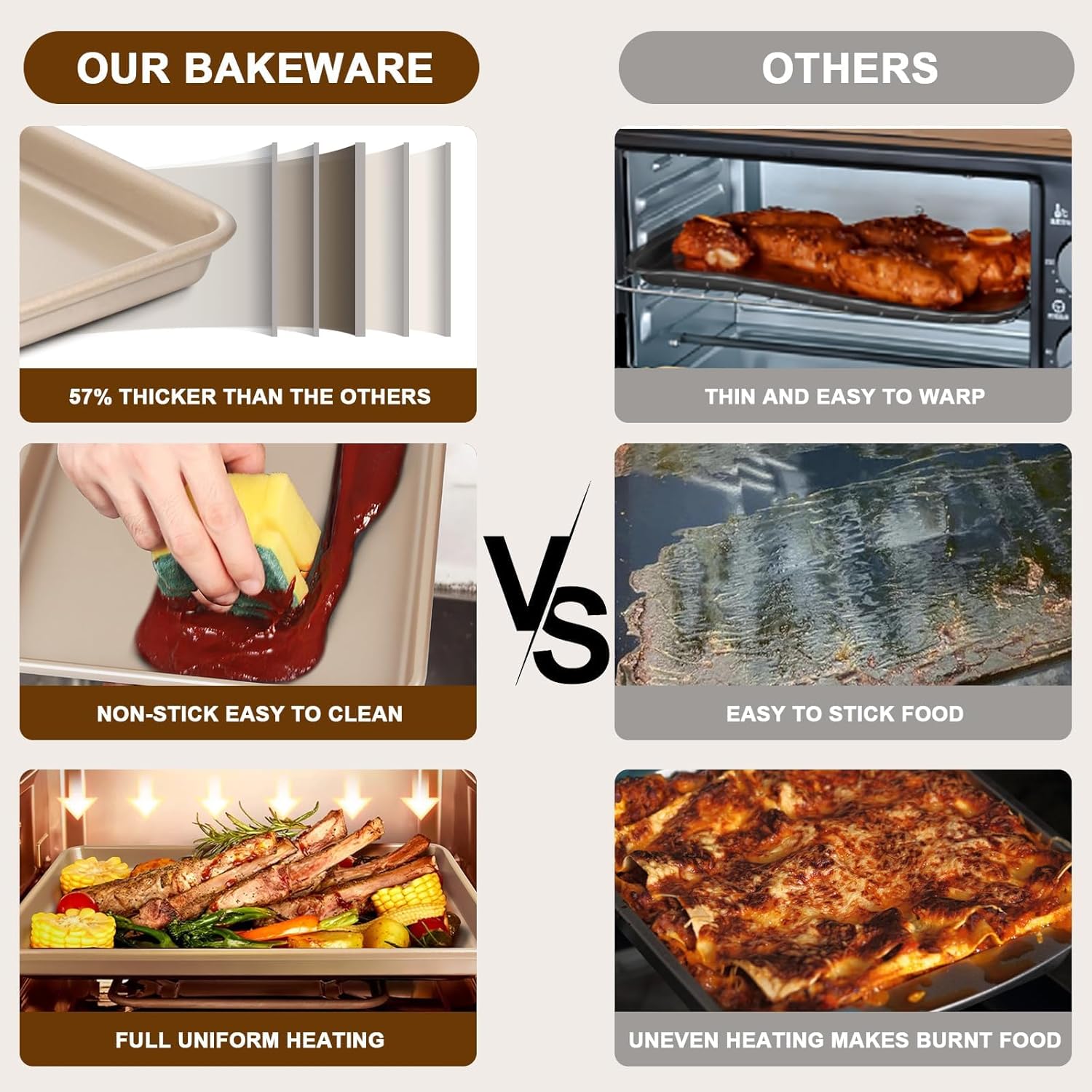 Baking Sheet Pan Set of 3, Commercial Cookie Sheets for Baking, Nonstick Half/Quarter/Jelly Roll Pans Replacement Toaster Oven Tray, Heavy Duty & Easy Clean, Champagne Gold - Grand Goldman