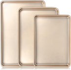 Baking Sheet Pan Set of 3, Commercial Cookie Sheets for Baking, Nonstick Half/Quarter/Jelly Roll Pans Replacement Toaster Oven Tray, Heavy Duty & Easy Clean, Champagne Gold - Grand Goldman