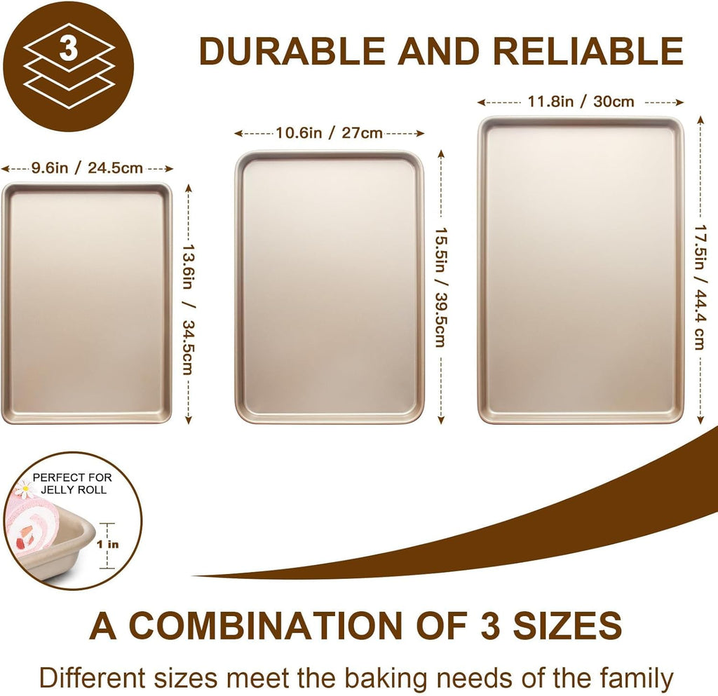 Baking Sheet Pan Set of 3, Commercial Cookie Sheets for Baking, Nonstick Half/Quarter/Jelly Roll Pans Replacement Toaster Oven Tray, Heavy Duty & Easy Clean, Champagne Gold - Grand Goldman