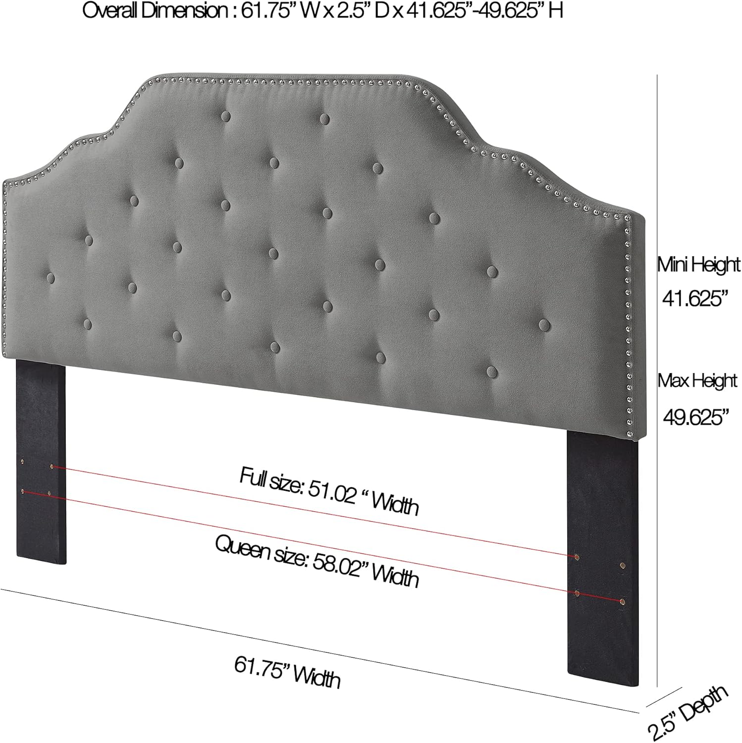 Ball & Cast Tufted Velvet Upholstered Headboard Channel, Queen Full Size Bed Adjusted Height 42-50 inch, Rose - Grand Goldman