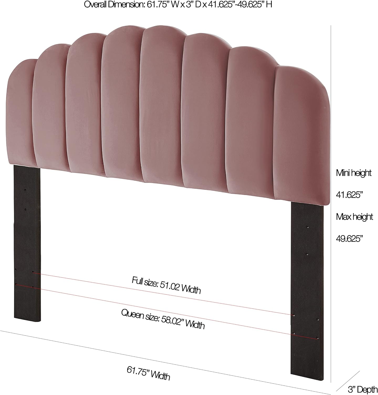 Ball & Cast Tufted Velvet Upholstered Headboard Channel, Queen Full Size Bed Adjusted Height 42-50 inch, Rose - Grand Goldman