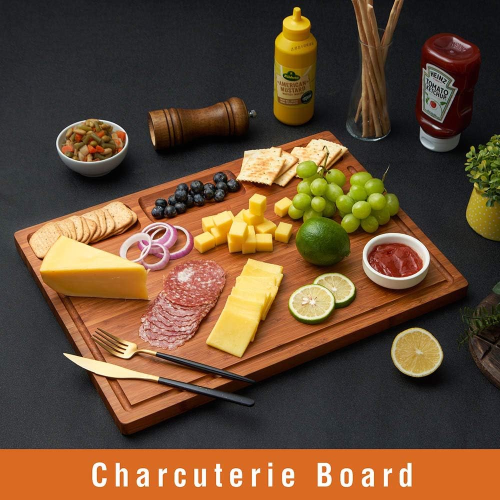 Bamboo Cutting Board for Kitchen, 18" Large Wood Charcuterie Cheese Board, Wooden Chopping Block with Side Handles and Juice Grooves - Grand Goldman