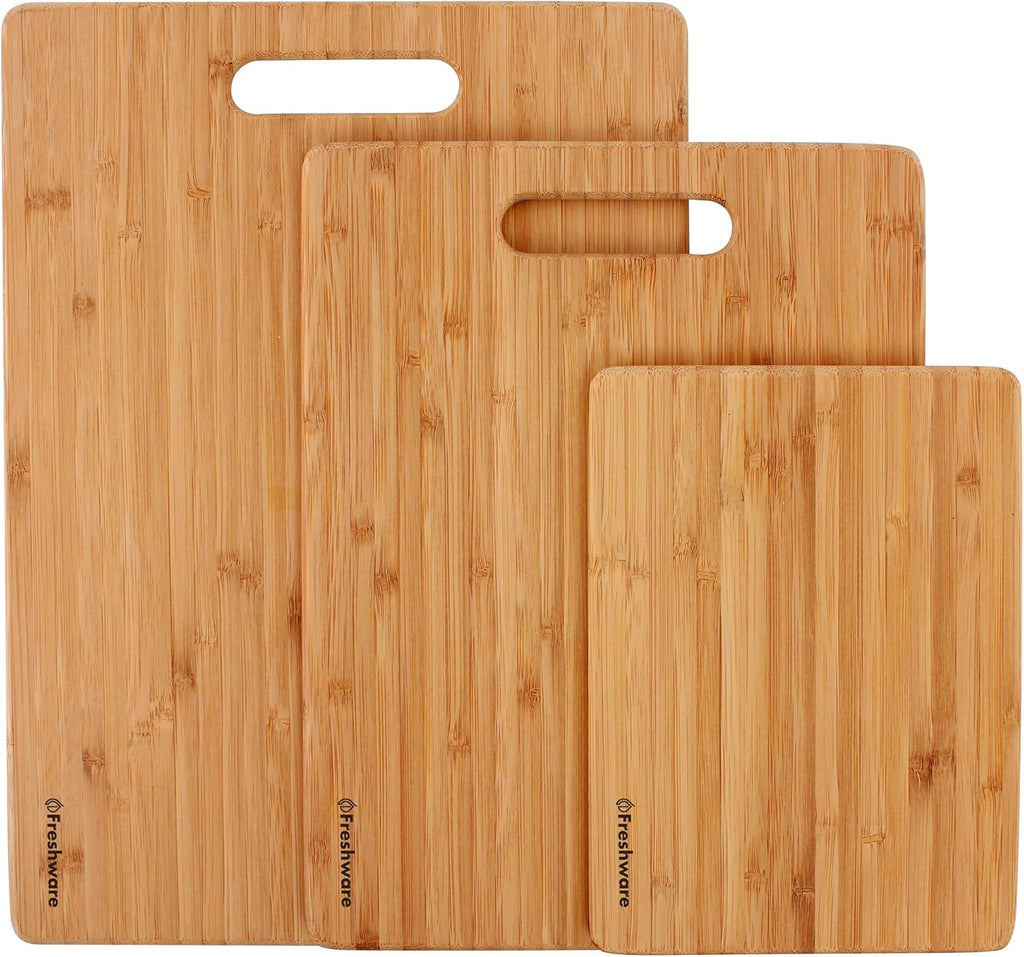 Bamboo Cutting Boards for Kitchen [Set of 3] Wood Cutting Board for Chopping Meat, Vegetables, Fruits, Cheese, Knife Friendly Serving Tray with Handles - Grand Goldman