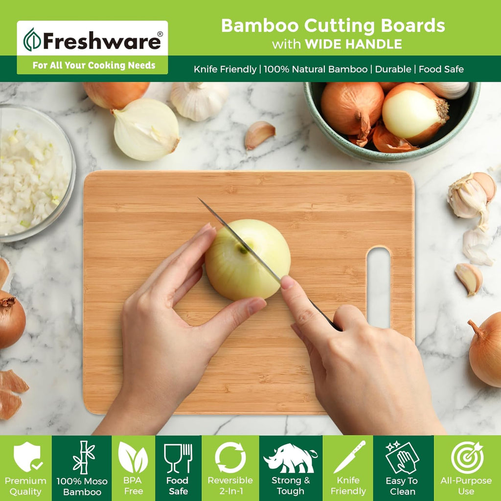 Bamboo Cutting Boards for Kitchen [Set of 3] Wood Cutting Board for Chopping Meat, Vegetables, Fruits, Cheese, Knife Friendly Serving Tray with Handles - Grand Goldman