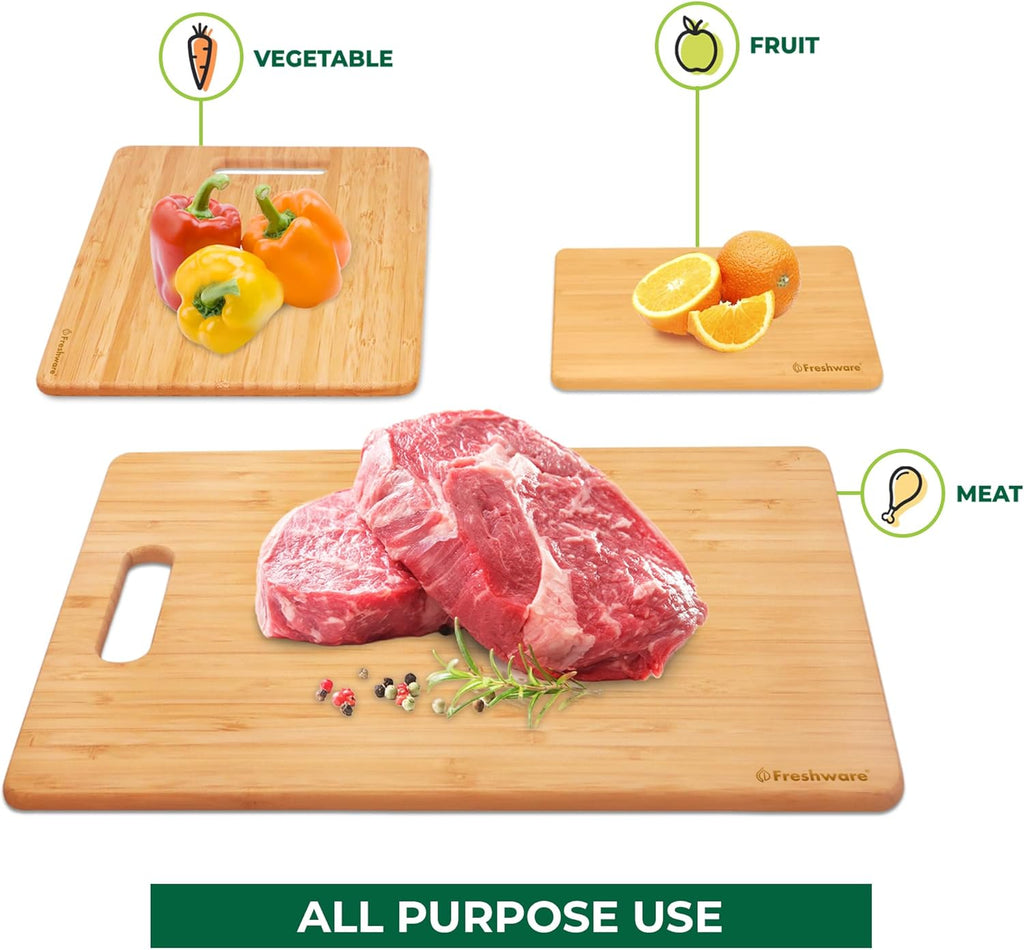 Bamboo Cutting Boards for Kitchen [Set of 3] Wood Cutting Board for Chopping Meat, Vegetables, Fruits, Cheese, Knife Friendly Serving Tray with Handles - Grand Goldman