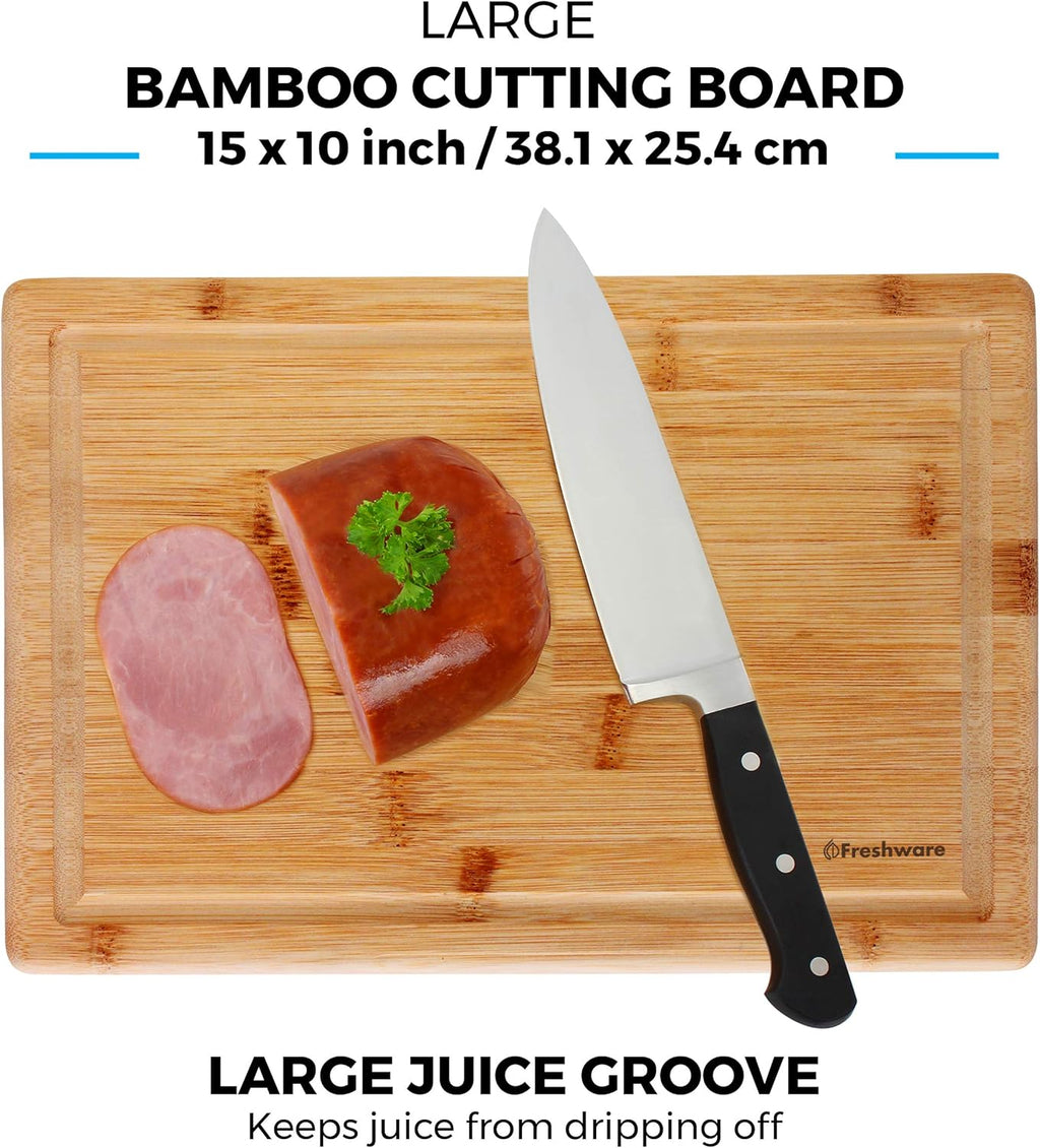 Bamboo Cutting Boards for Kitchen [Set of 3] Wood Cutting Board for Chopping Meat, Vegetables, Fruits, Cheese, Knife Friendly Serving Tray with Handles - Grand Goldman