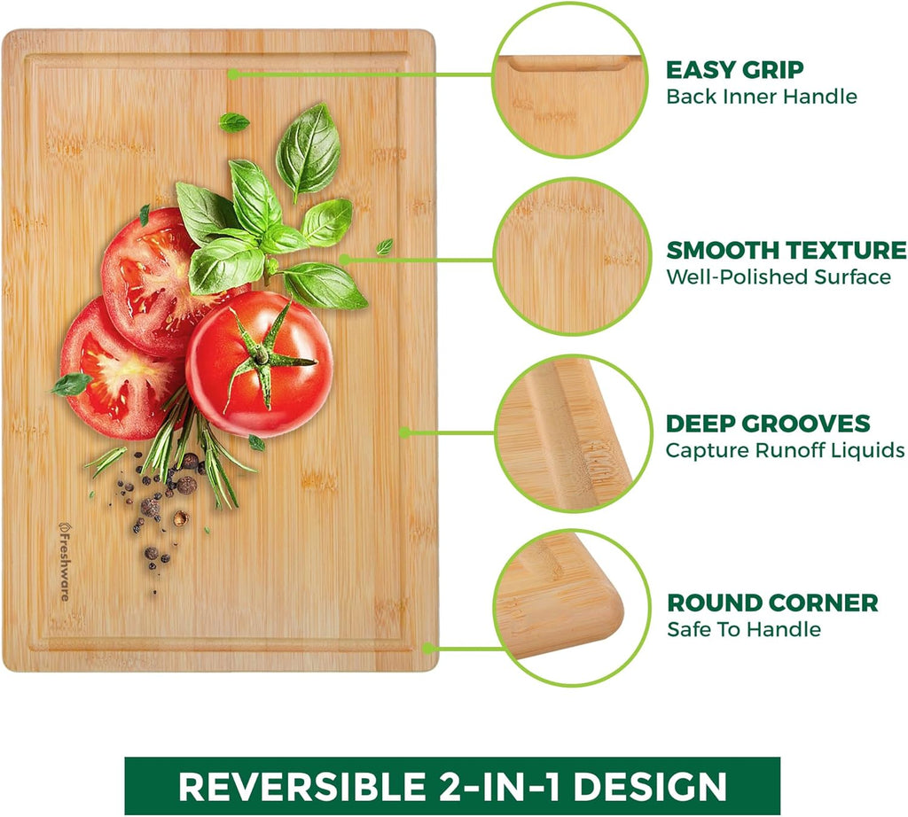 Bamboo Cutting Boards for Kitchen [Set of 3] Wood Cutting Board for Chopping Meat, Vegetables, Fruits, Cheese, Knife Friendly Serving Tray with Handles - Grand Goldman