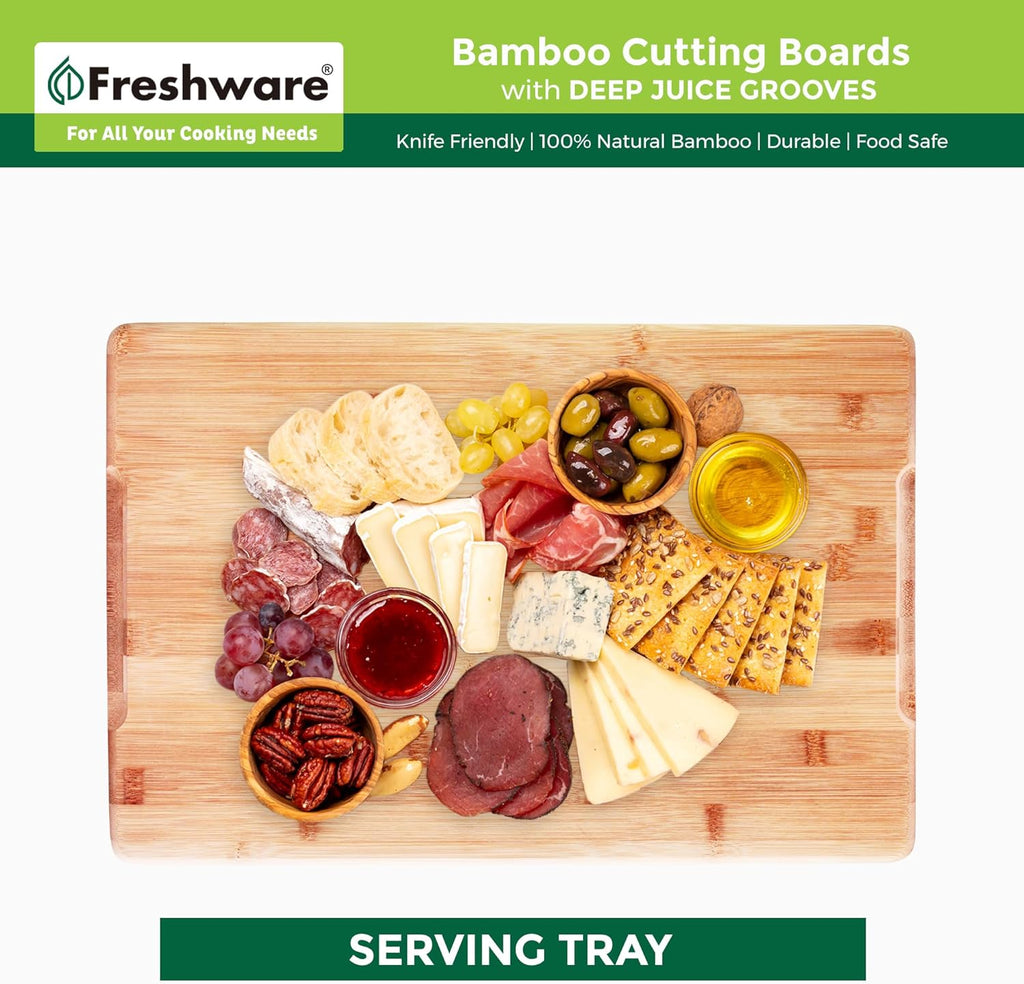 Bamboo Cutting Boards for Kitchen [Set of 3] Wood Cutting Board for Chopping Meat, Vegetables, Fruits, Cheese, Knife Friendly Serving Tray with Handles - Grand Goldman