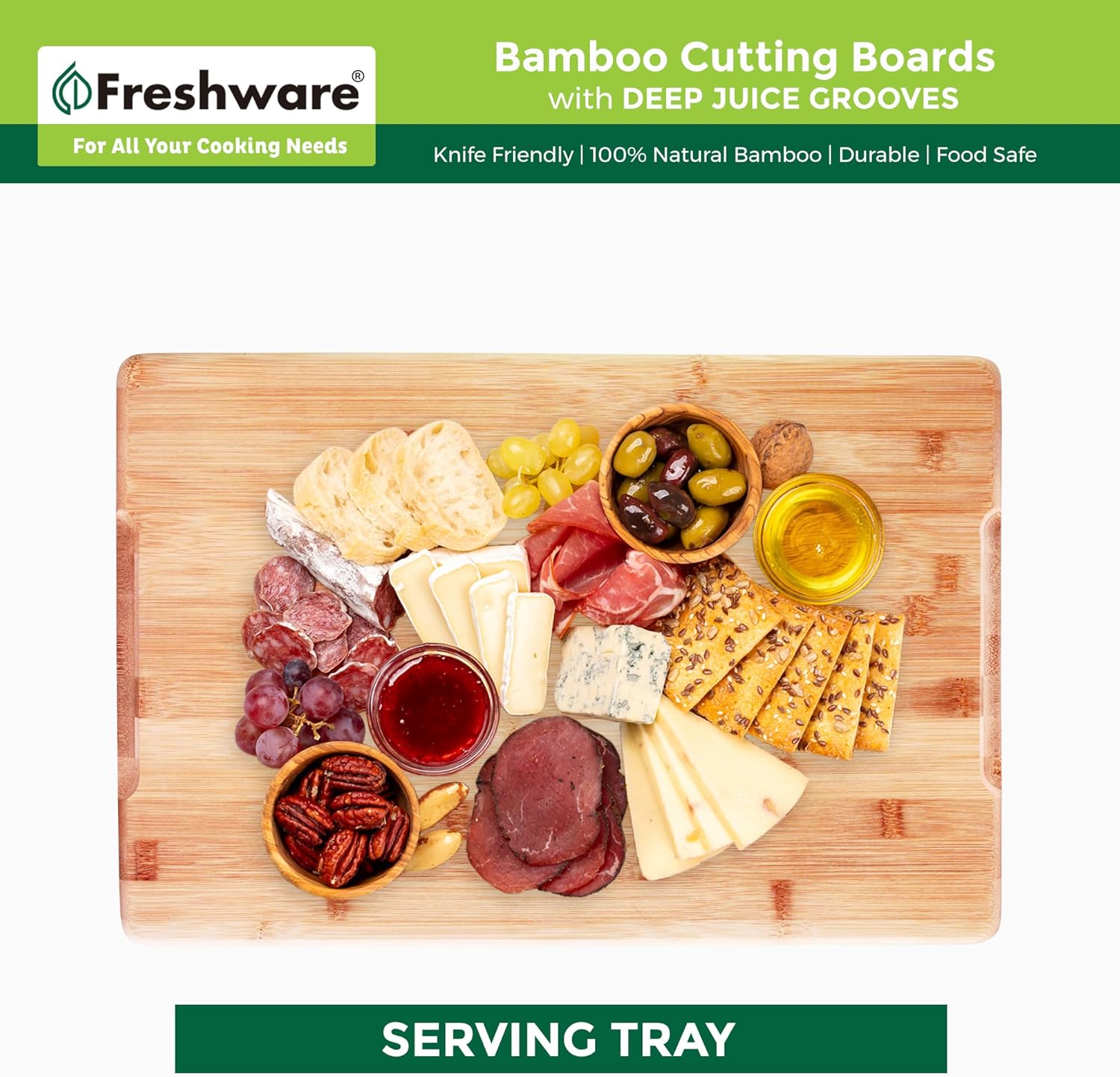 Bamboo Cutting Boards for Kitchen [Set of 3] Wood Cutting Board for Chopping Meat, Vegetables, Fruits, Cheese, Knife Friendly Serving Tray with Handles - Grand Goldman