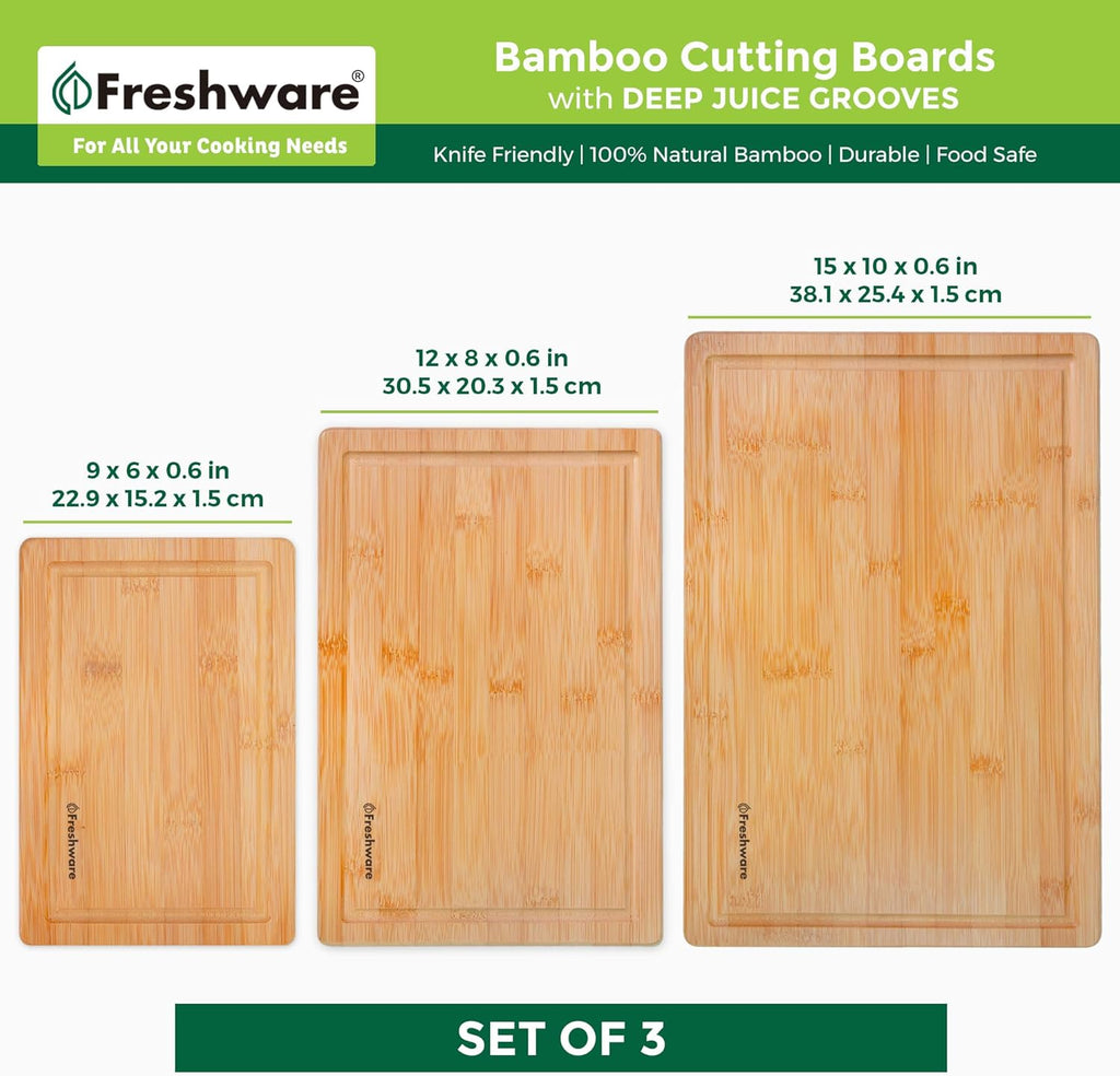 Bamboo Cutting Boards for Kitchen [Set of 3] Wood Cutting Board for Chopping Meat, Vegetables, Fruits, Cheese, Knife Friendly Serving Tray with Handles - Grand Goldman