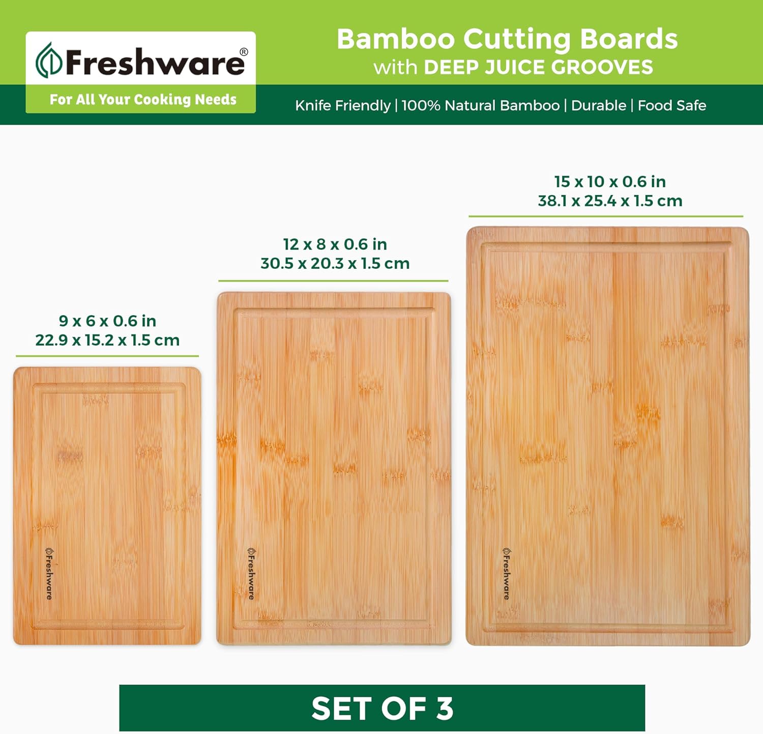 Bamboo Cutting Boards for Kitchen [Set of 3] Wood Cutting Board for Chopping Meat, Vegetables, Fruits, Cheese, Knife Friendly Serving Tray with Handles - Grand Goldman