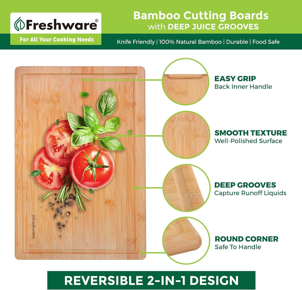 Bamboo Cutting Boards for Kitchen [Set of 3] Wood Cutting Board for Chopping Meat, Vegetables, Fruits, Cheese, Knife Friendly Serving Tray with Handles - Grand Goldman