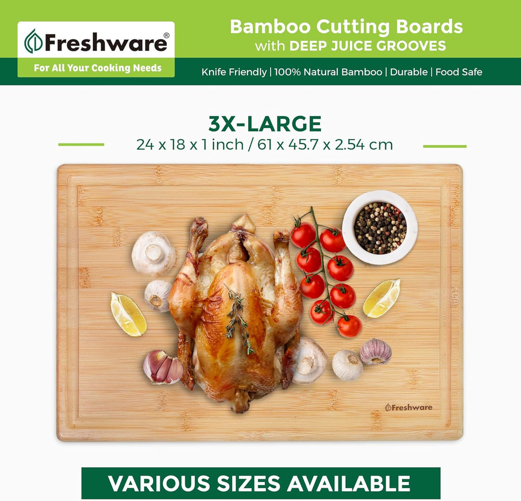 Bamboo Cutting Boards for Kitchen [Set of 3] Wood Cutting Board for Chopping Meat, Vegetables, Fruits, Cheese, Knife Friendly Serving Tray with Handles - Grand Goldman