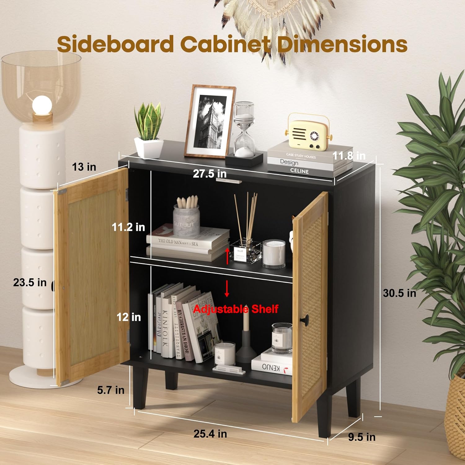 Bamboo Sideboard Buffet Cabinet with Storage Rattan 2 Doors Kitchen Cupboard Accent Entryway Living Room Cabinet Black - Grand Goldman