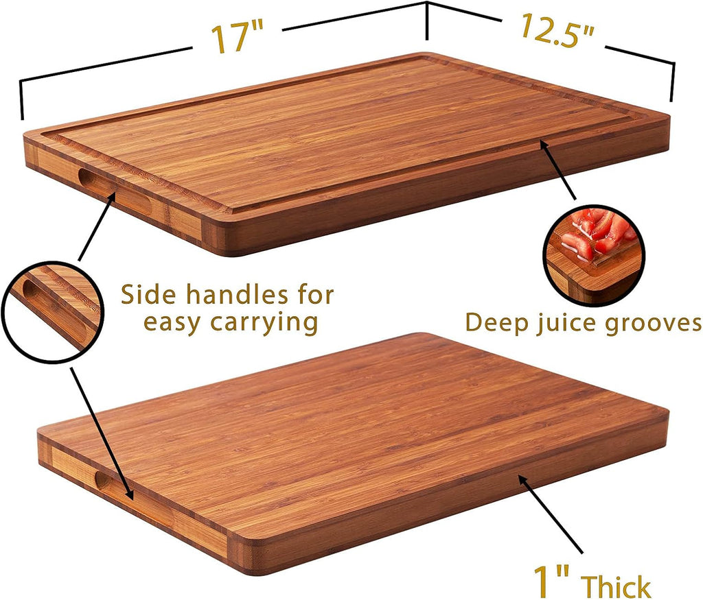 Bamboo Wood Cutting Board for Kitchen, 1" Thick Butcher Block, Cheese Charcuterie Board, with Side Handles and Juice Grooves, 16x11" - Grand Goldman
