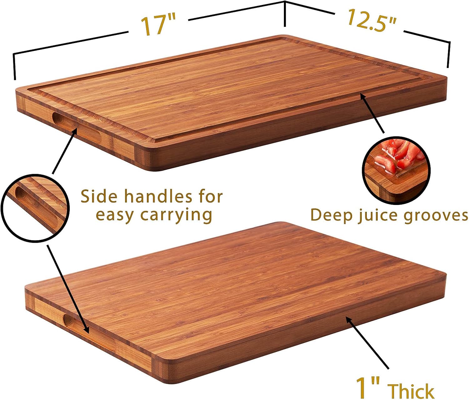 Bamboo Wood Cutting Board for Kitchen, 1" Thick Butcher Block, Cheese Charcuterie Board, with Side Handles and Juice Grooves, 16x11" - Grand Goldman