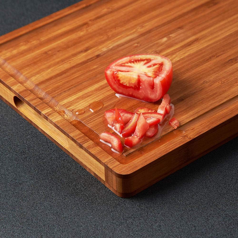 Bamboo Wood Cutting Board for Kitchen, 1" Thick Butcher Block, Cheese Charcuterie Board, with Side Handles and Juice Grooves, 16x11" - Grand Goldman