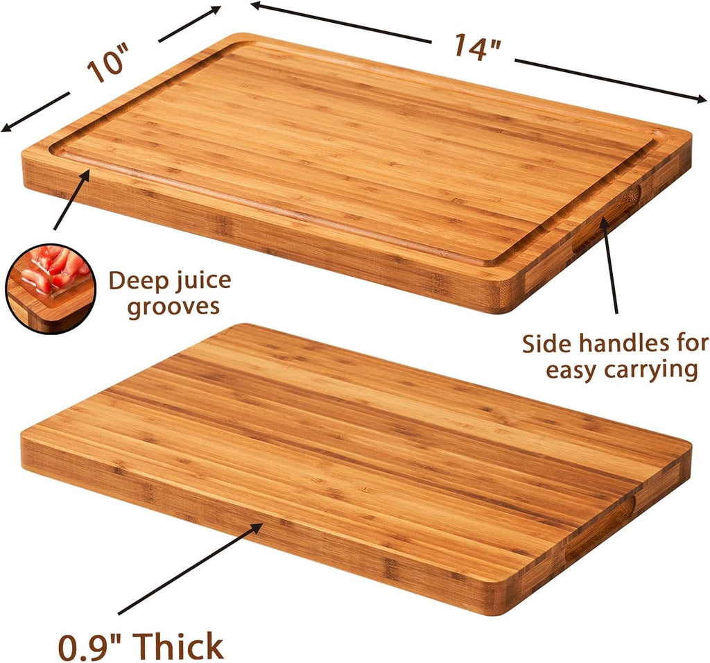 Bamboo Wood Cutting Board for Kitchen, 1" Thick Butcher Block, Cheese Charcuterie Board, with Side Handles and Juice Grooves, 16x11" - Grand Goldman