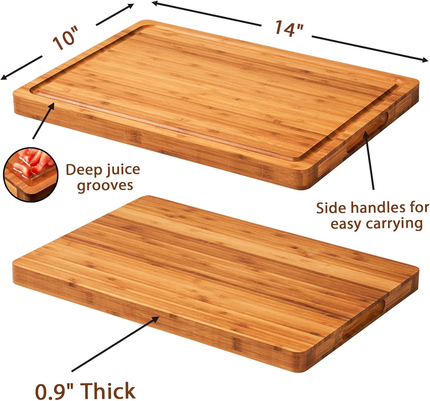 Bamboo Wood Cutting Board for Kitchen, 1" Thick Butcher Block, Cheese Charcuterie Board, with Side Handles and Juice Grooves, 16x11" - Grand Goldman