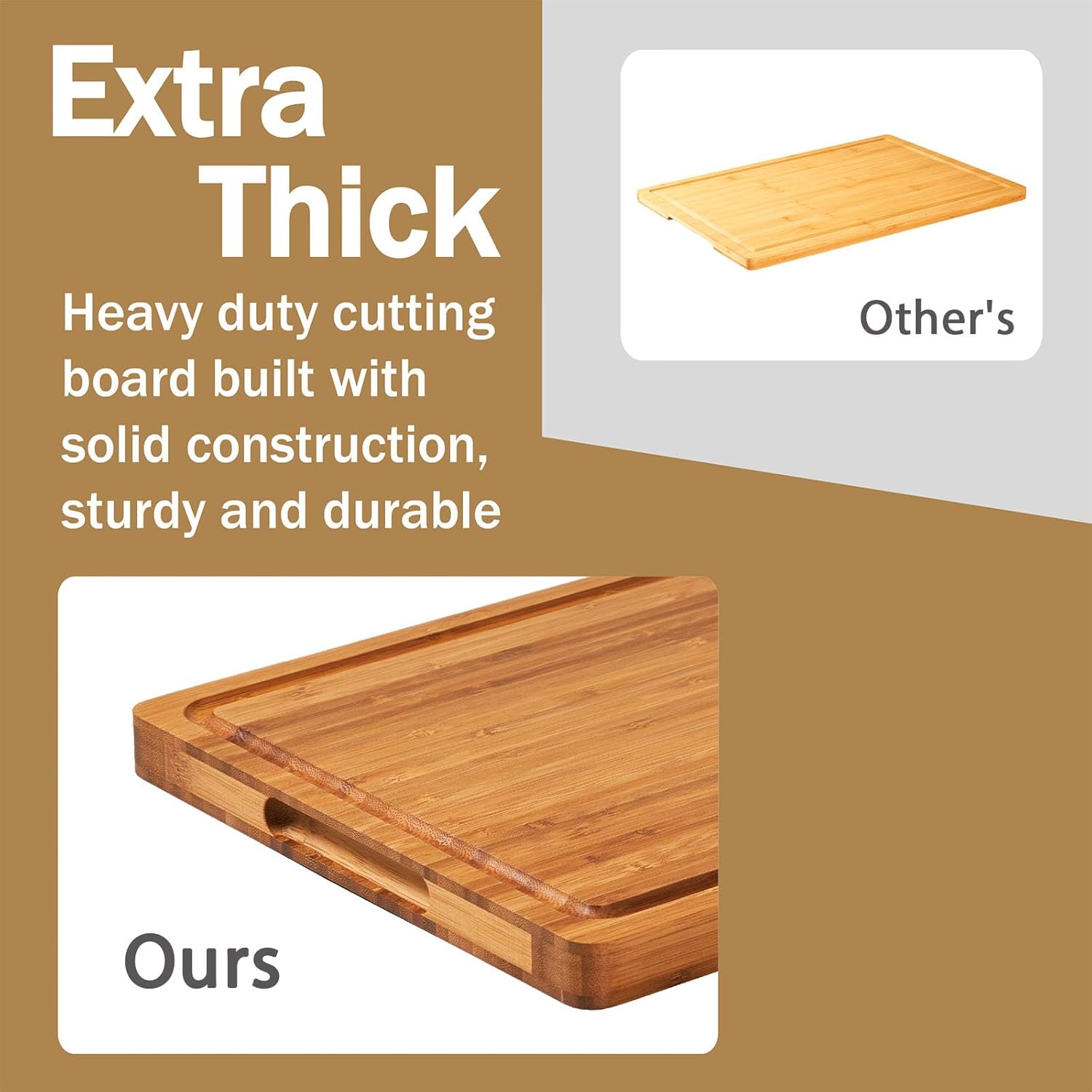 Bamboo Wood Cutting Board for Kitchen, 1" Thick Butcher Block, Cheese Charcuterie Board, with Side Handles and Juice Grooves, 16x11" - Grand Goldman