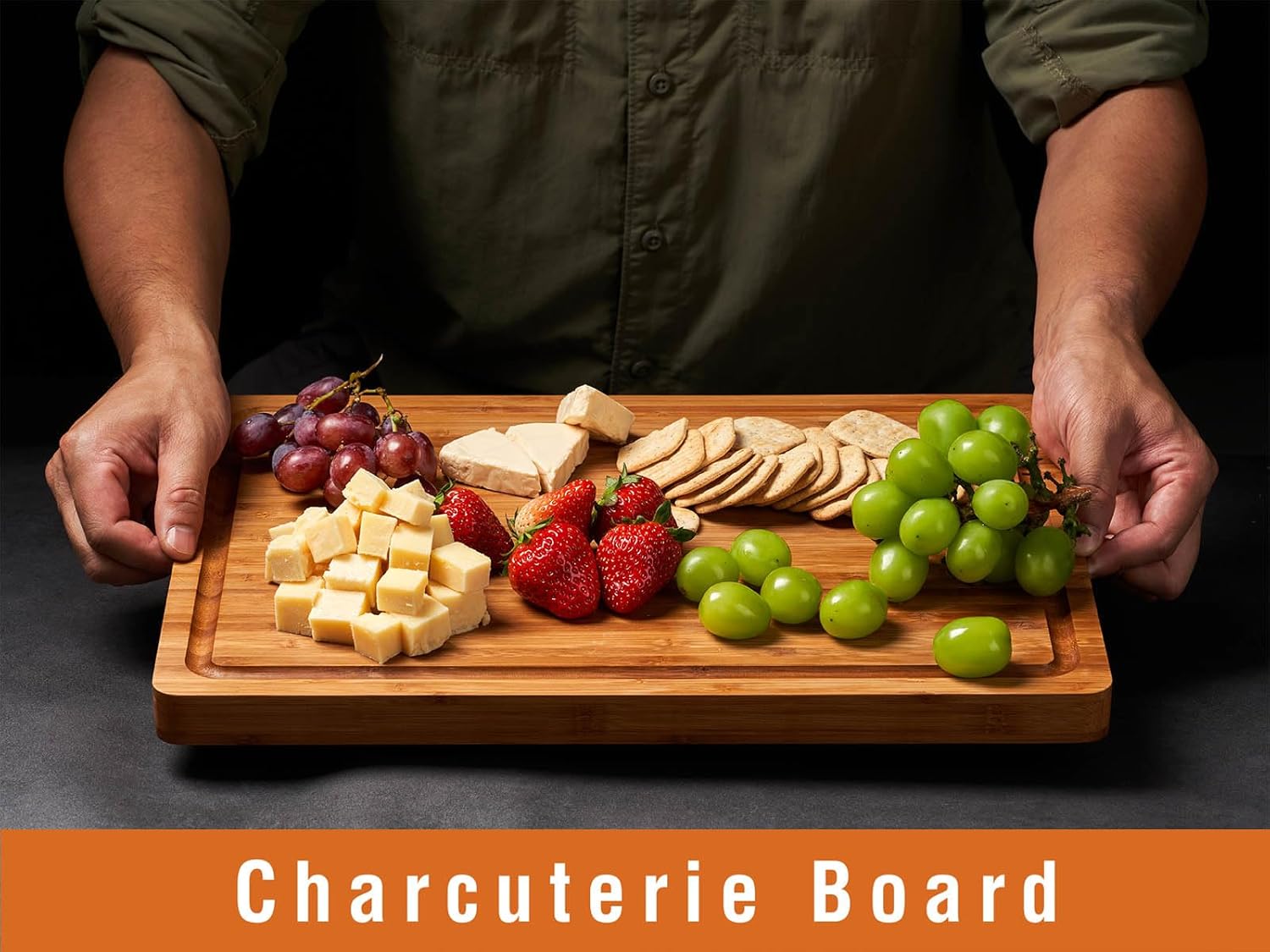Bamboo Wood Cutting Board for Kitchen, 1" Thick Butcher Block, Cheese Charcuterie Board, with Side Handles and Juice Grooves, 16x11" - Grand Goldman