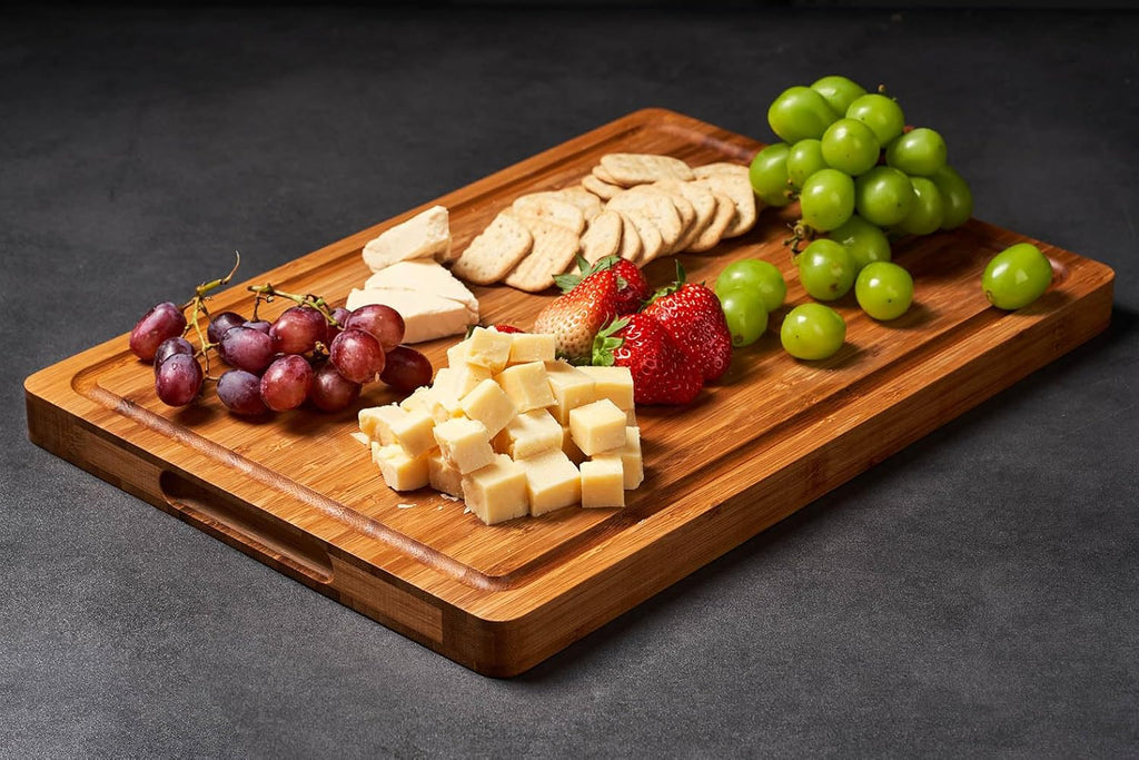 Bamboo Wood Cutting Board for Kitchen, 1" Thick Butcher Block, Cheese Charcuterie Board, with Side Handles and Juice Grooves, 16x11" - Grand Goldman
