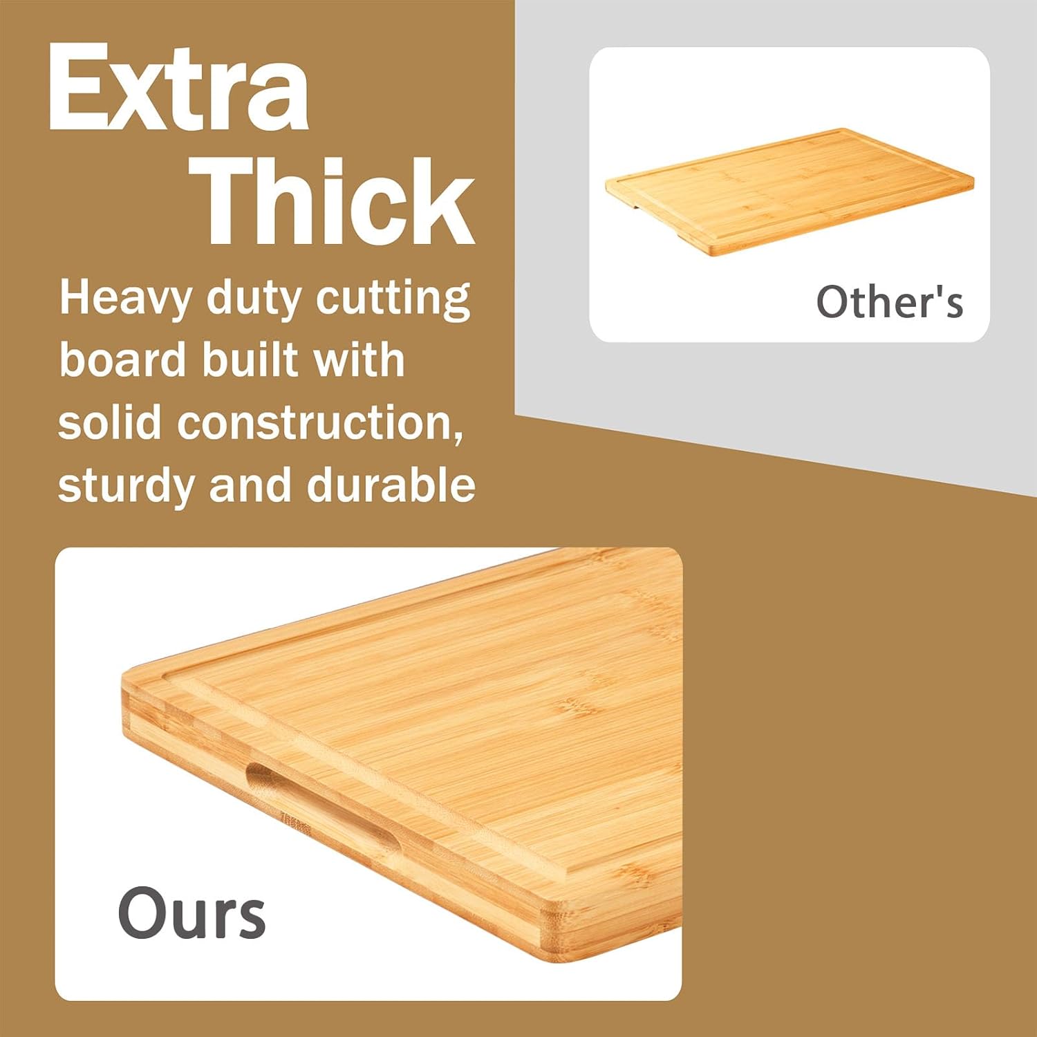 Bamboo Wood Cutting Board for Kitchen, 1" Thick Butcher Block, Cheese Charcuterie Board, with Side Handles and Juice Grooves, 16x11" - Grand Goldman